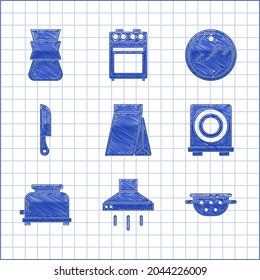 Set Bag of coffee beans, Kitchen extractor fan, colander, Electric stove, Toaster, Knife, Cutting board and Coffee turk icon. Vector
