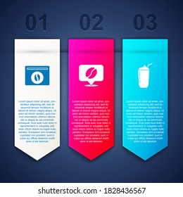Set Bag of coffee beans, Location with and Milkshake. Business infographic template. Vector.
