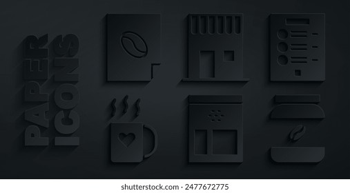 Set Bag of coffee beans, Coffee menu, cup and heart, jar bottle, shop and poster icon. Vector