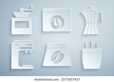 Set Bag of coffee beans, Coffee moca pot, machine, cup,  and Manual grinder icon. Vector