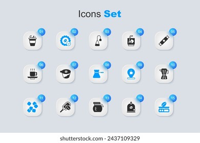 Set Bag of coffee beans, Pour over maker, Medal for, Sugar cubes, Electronic scales, Coffee moca pot, cup to go and turk icon. Vector