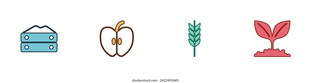 Indique el icono Bolsa de harina, Apple, Trigo y Planta. Vector