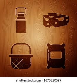 Set Bag of flour, Can container for milk, Shopping basket and Cheese on wooden background. Vector