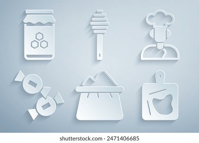 Set Bag of flour, Cook, Candy, Cutting board, Honey dipper stick and Jar honey icon. Vector
