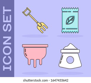 Set Bag of flour, Garden rake, Udder and A pack full of seeds of a specific plant icon. Vector
