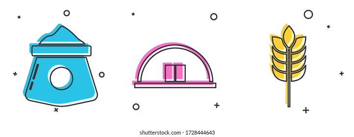 Set Bag of flour, Hangar and Cereals with rice, wheat, corn, oats, rye icon. Vector