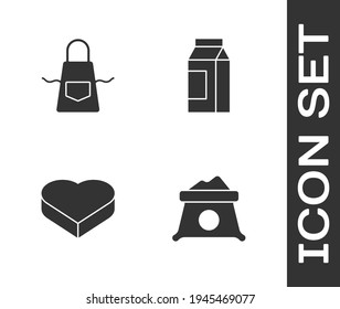 Set Bag of flour, Kitchen apron, Candy in heart box y paquete de papel para el icono de la leche. Vector