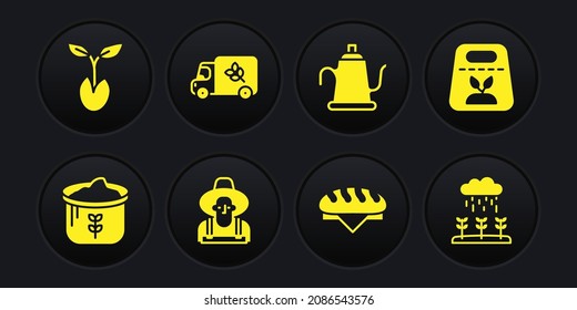 Set Bag of flour, Pack full seeds plant, Farmer in the hat, Bread loaf, Watering can, Flour truck, Plant sprouts grow rain and Sprout icon. Vector