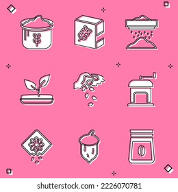 Set Bag of flour, Flour pack, Sifting, Sprout, Seed, Manual coffee grinder, Pack full seeds plant and Acorn, oak nut, icon. Vector