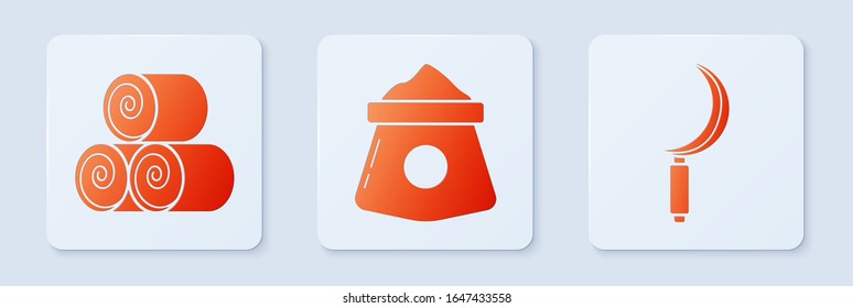 Set Bag of flour, Roll of hay and Sickle. White square button. Vector