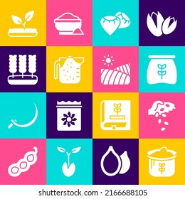 Set Bag of flour, Seed, Measuring cup, Wheat, Sprout and Agriculture wheat field icon. Vector