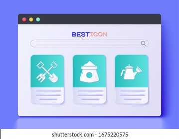 Set Bag of flour, Shovel and rake and Watering can icon. Vector