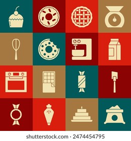 Set Bag of flour, Spatula, Paper package for milk, Homemade pie, Donut, Kitchen whisk, Cake and Electric mixer icon. Vector