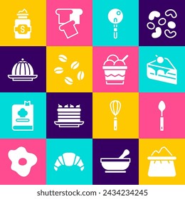 Set Bag of flour, Spoon, Piece cake, Lollipop, Coffee beans, Pudding custard, Jar sugar and Ice cream bowl icon. Vector