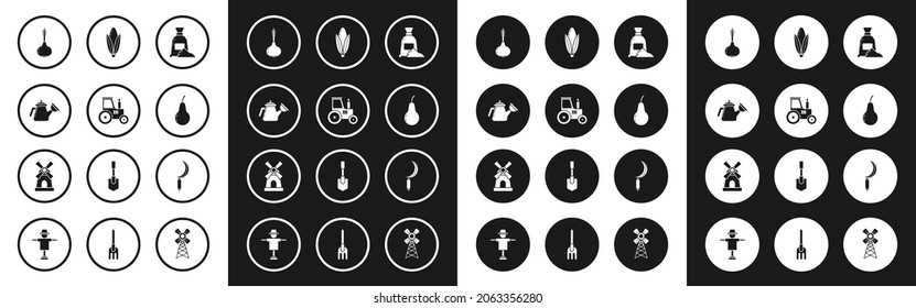 Set Bag of flour, Tractor, Watering can, Onion, Pear, Corn, Sickle and Windmill icon. Vector