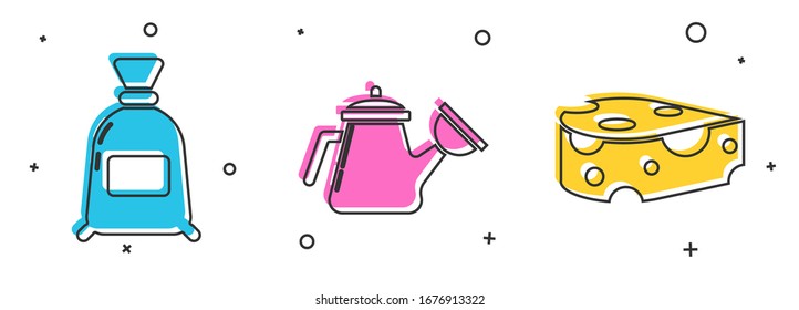 Set Bag of flour, Watering can and Cheese icon. Vector