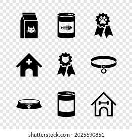 Set Bag of food for cat, Canned, Pet award symbol, bowl,  and Dog house and bone icon. Vector