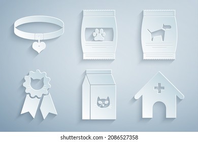 Set Bag of food for cat, dog, Cat award symbol, Veterinary medicine hospital, pet and Collar and heart icon. Vector