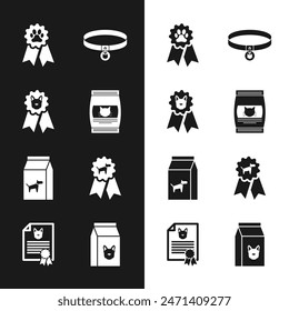 Set Bag of food for cat, Dog award symbol, Pet, Cat collar, dog and  icon. Vector