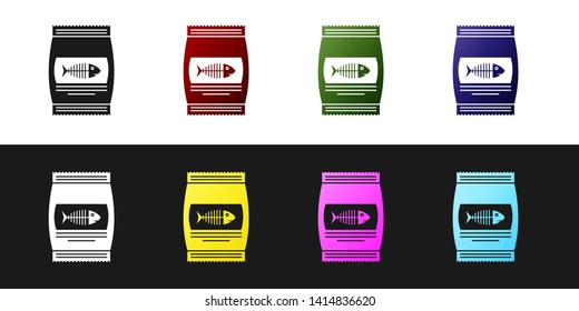 Set Bag of food for cat icon isolated on black and white background. Fish skeleton sign. Food for animals. Pet food package. Vector Illustration