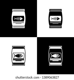 Set Bag of food for cat icons isolated on black and white background. Fish skeleton sign. Food for animals. Pet food package. Vector Illustration