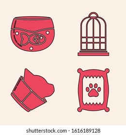 Set Bag of food for dog, Aquarium with fish, Cage for birds and Veterinary clinic symbol icon. Vector