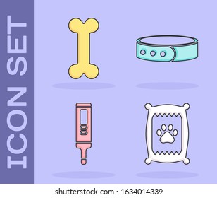 Set Bag of food for dog, Dog bone, Medical digital thermometer and Collar with name tag icon. Vector