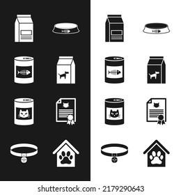 Set Bag of food for dog, Canned cat, , Pet bowl,  and Certificate icon. Vector