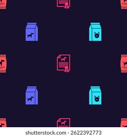 Set Bag of food for dog, , Certificate cat and  on seamless pattern. Vector