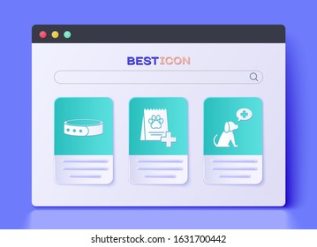 Set Bag of food for dog, Collar with name tag and Veterinary clinic symbol icon. Vector