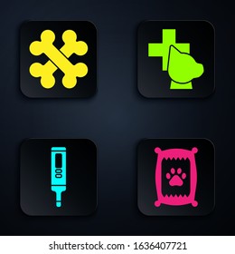 Set Bag of food for dog, Crossed bones, Medical digital thermometer and Veterinary clinic symbol. Black square button. Vector