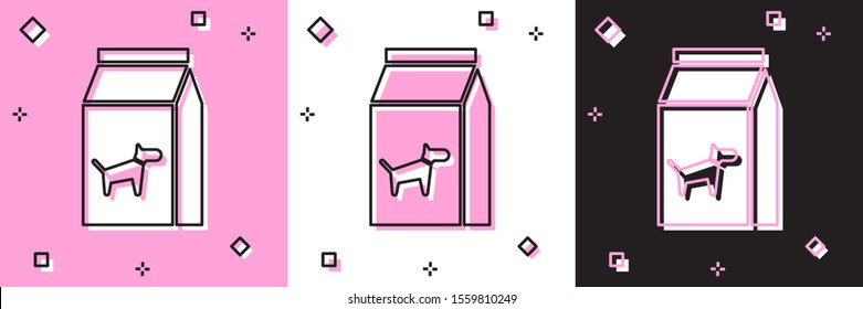 Set Bag of food for dog icon isolated on pink and white, black background. Food for animals. Pet food package.  Vector Illustration