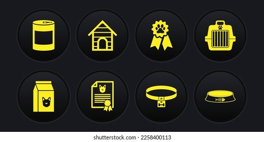 Set Bag of food for dog, Pet carry case, Certificate cat, Dog collar, award symbol and house icon. Vector