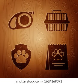 Set Bag of food for dog, Retractable cord leash with carabiner, Animal health insurance and Pet carry case on wooden background. Vector