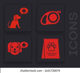 Set Bag of food for dog, Veterinary clinic symbol, Retractable cord leash with carabiner and Veterinary clinic symbol icon. Vector