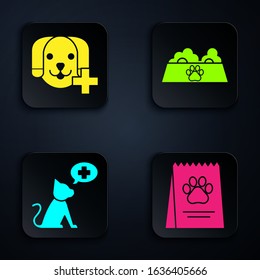 Set Bag of food for dog, Veterinary clinic symbol, Veterinary clinic symbol and Pet food bowl for cat or dog. Black square button. Vector