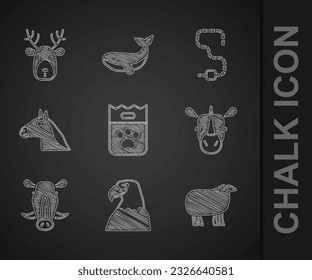 Set Bag of food, Eagle head, Sheep, Rhinoceros, Wild boar, Horse, Worm and Deer with antlers icon. Vector