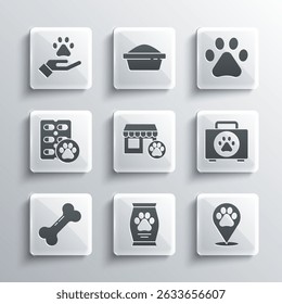 Set Bag of food, Location veterinary, Pet first aid kit, Veterinary hospital, Dog bone, pill, Hands with animals footprint and Paw icon. Vector
