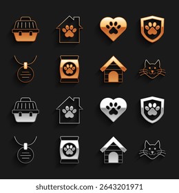 Set Bag of food for pet, Animal health insurance, Cat, Dog house, Collar with name tag, Heart animals footprint, Pet carry case and  icon. Vector