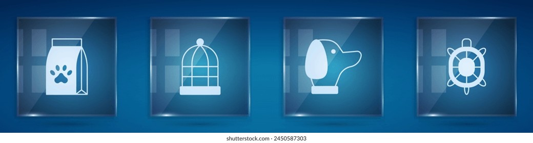 Set Bag of food for pet, Cage birds, Dog and Turtle. Square glass panels. Vector