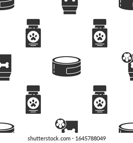 Set Bag of food for pet, Canned food and Dog medicine bottle and pills on seamless pattern. Vector