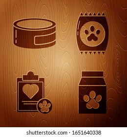 Set Bag of food for pet, Canned food, Clipboard with medical clinical record pet and Bag of food for pet on wooden background. Vector