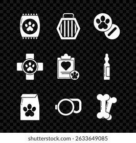 Saco de alimentos para animais de estimação, Maleta de transporte de animais de estimação, Cão e comprimidos, Coleira de cordão retrátil, osso, Símbolo de clínica veterinária e Área de transferência com ícone de registro clínico médico. Vetor