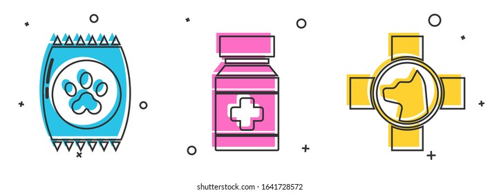 Set Bag of food for pet, Dog medicine bottle and pills and Veterinary clinic symbol icon. Vector