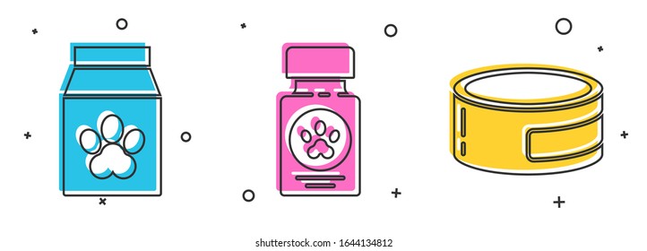 Set Bag of food for pet, Dog medicine bottle and pills and Canned food icon. Vector