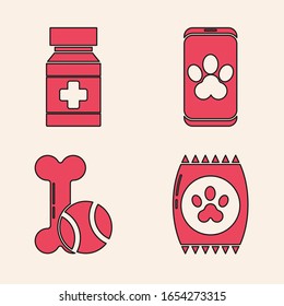 Set Bag of food for pet, Dog medicine bottle and pills, Online veterinary clinic symbol and Pet toys bone rubber and ball icon. Vector