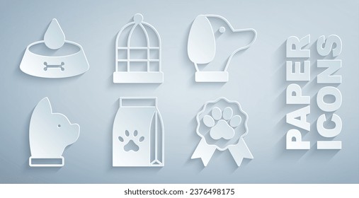 Set Bag of food for pet, Dog, Cat, Pet award symbol, Cage birds and bowl cat dog icon. Vector