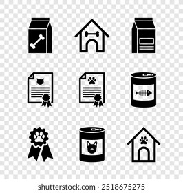 Set Bag of food for pet, Dog house and bone, , Pet award symbol, Canned dog and paw print icon. Vector