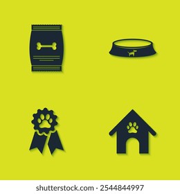 Set Bag of food for pet, Dog house and paw print, Pet award symbol and bowl icon. Vector