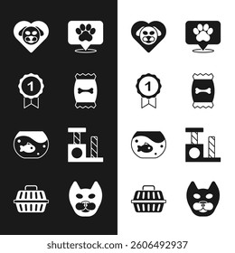 Set Bag of food for pet, Dog award symbol, Heart with dog, Location veterinary hospital, Aquarium fish, Cat scratching post,  and Pet carry case icon. Vector
